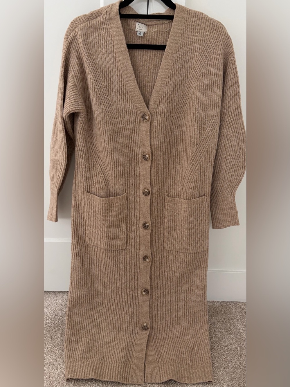 a new day Long Ribbed Button-Front Sweater Dress in Camel Brown